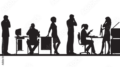 Businesspeople silhouettes working on computers and talking on phones in an office setting with desks and monitors.