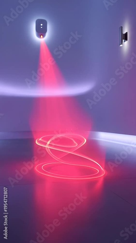 Futuristic sensor emits vibrant red light patterns across a sleek, modern interior