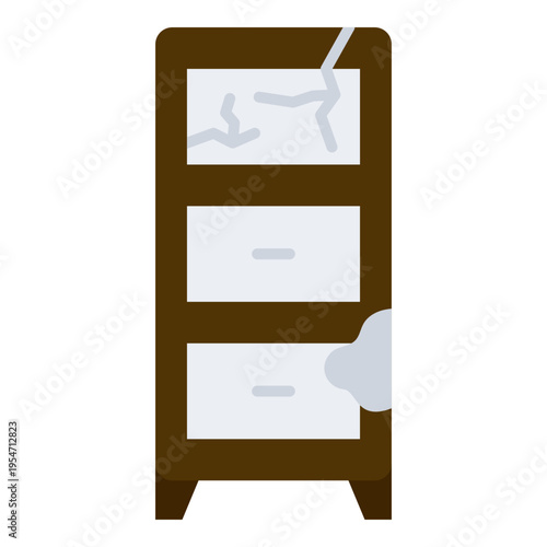 Damaged Wooden Cabinet with Broken Glass and Missing Piece