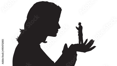 Silhouette of a large woman holding a small man in her hand, representing power dynamics or control.