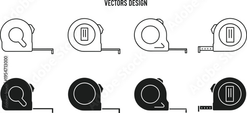Set of eight tape measure vector icons in black and white styles with varied outlines, fills, and internal design elements