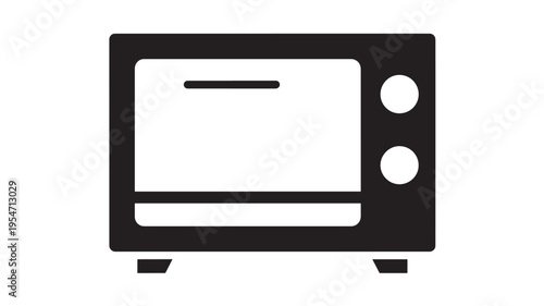 Oven icon black graphic with rounded corners and two circular knobs for kitchen appliance concepts featuring stove, cooker, electric with symbol and