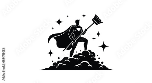 Superhero cleaner graphic illustration standing powerfully atop foam holding a large broomstick triumphantly