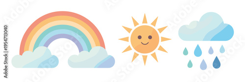 Colorful rainbow and sun vector icon set – Ideal for preschool educational materials, toy packaging, or pediatric clinic decor.
