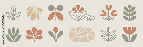 Minimal eco pattern icons with leaves and flowers – Perfect for sustainable packaging, textile design, or organic brand logos.