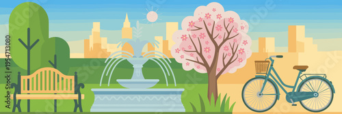 Flat vector park bench and fountain icons – Perfect for city wayfinding, landscape architecture, or spring travel blogs.
