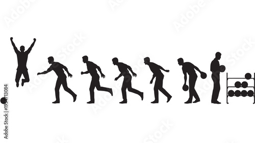 Silhouettes of a person playing bowling, showing the full sequence from celebration to ball rack featuring bowler, silhouette, sport with game and
