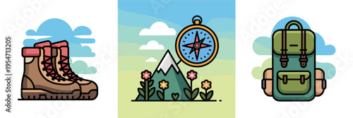 Spring hiking and adventure icon set – Ideal for travel blogs, outdoor recreation, or seasonal tourism campaigns.