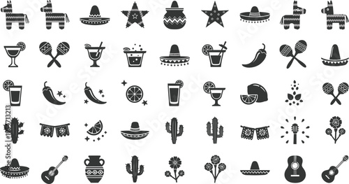 Mexican fiesta elements icons set with sombreros, Donkeys and cactus