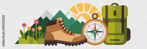 Mountain hiking gear icons in flat style – Great for wilderness equipment shops, travel headers, or nature blog branding.