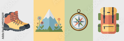 Spring trekking icons with mountain and compass – Suitable for national park promotions, adventure tours, or eco-tourism ads.
