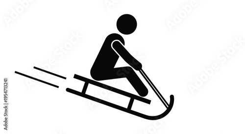 Simple black and white vector illustration of a stylized figure sledding downhill during winter recreational activity.