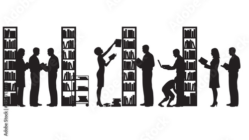 Silhouettes of people interacting with bookshelves and reading books in a library setting, symbolizing knowledge and education.