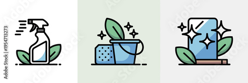 Minimalist house cleaning vector icon set – Ideal for eco-friendly product marketing, home care apps, or chore checklists.