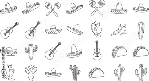 Mexican fiesta elements sombreros guitars cacti tacos