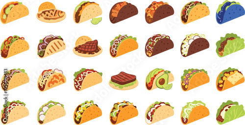 Variety of tacos with different fillings and toppings
