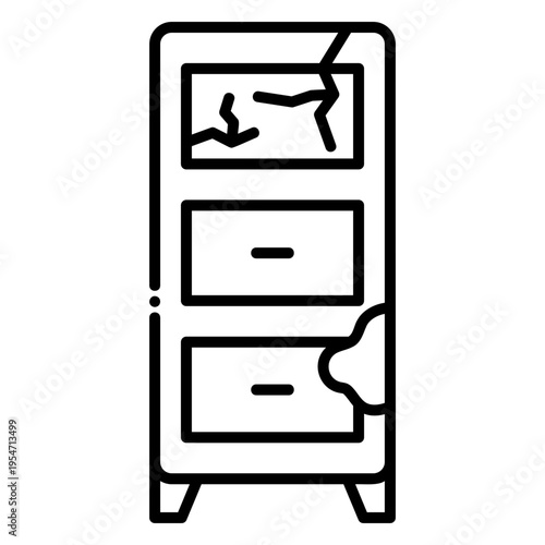 Damaged Cabinet Icon with Broken Glass and Water Damage