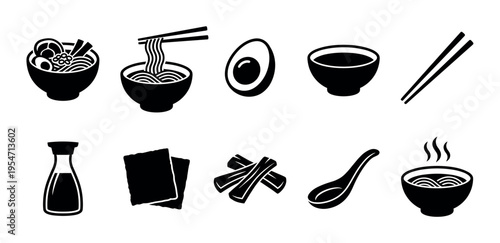 This black and white illustration features a collection of stylized icons representing common elements of Asian cuisine, perfect for menus or culinary graphics.