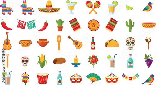 Vibrant Mexican Fiesta Elements and Symbols Illustration Set