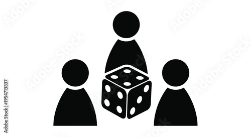 Simple black and white vector graphic illustration representing three players engaged in a tabletop game involving chance
