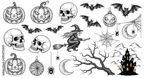 Halloween Collection: Witch, Skulls, Bats, Pumpkins, Spiders, Haunted House, Moon