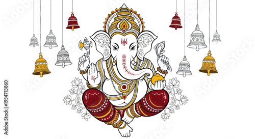 Ganesha sitting in lotus pose with bells and floral motifs, Hindu deity illustration