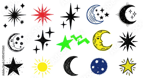 Hand-drawn celestial elements: stars, moons, sun, and constellations