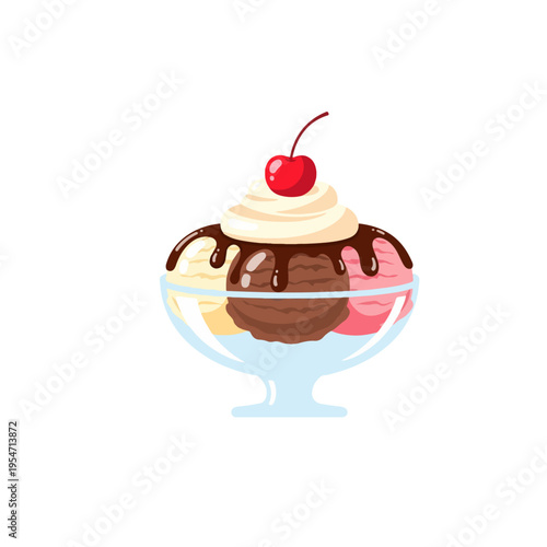Ice Cream Sundae Flat Vector Dessert Illustration
