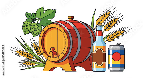 Beer Barrel, Bottle, Can, Hops and Wheat - Craft Beverage Ingredients