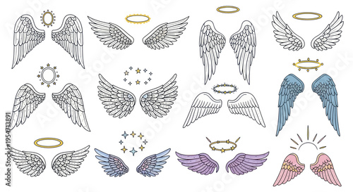 Angel Wings Collection: Various Styles, Halos, and Stars - Hand-Drawn Illustrations