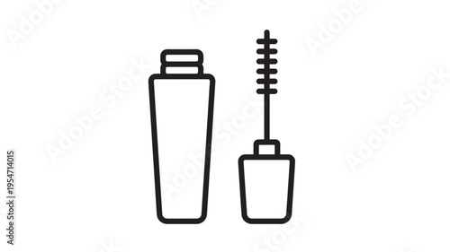 Mascara bottle and wand icon with simple black outline style for cosmetic and beauty product designs.