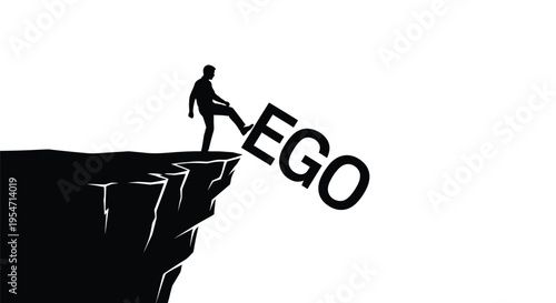 Man kicking word "ego" off a cliff in abstract vector illustration, symbolizing humility and personal growth.