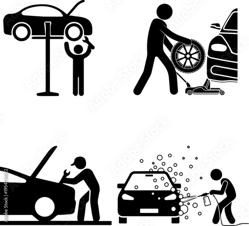 Car Service and Maintenance Icons Set - Auto Repair Shop, Mechanic Working on Vehicle, Tire Change, Engine Diagnostic, and Car Wash Pictogram.