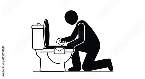 Vector graphic illustration depicting a person discarding unwanted bills or junk mail into a toilet.