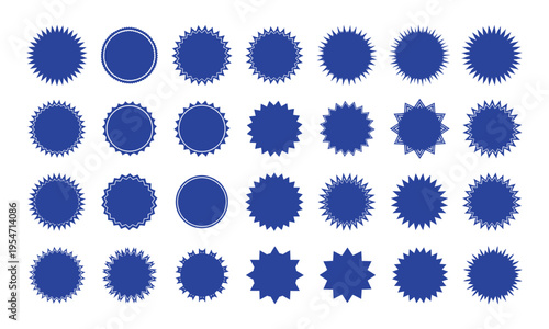 Blue starburst and circular sunburst badges collection for sale promotions and quality stamps
