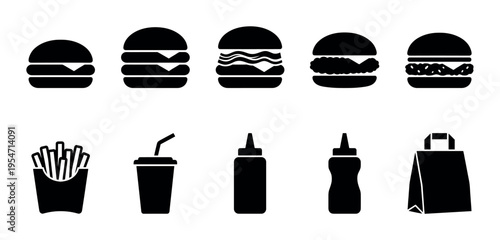 Collection of black silhouette icons representing fast food items including various burgers, french fries, a drink cup with straw, sauce bottles, and a takeout bag.