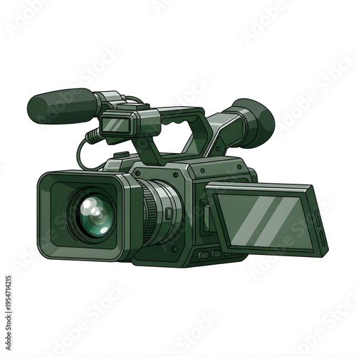 Green Professional Video Camera Isolated on White Background