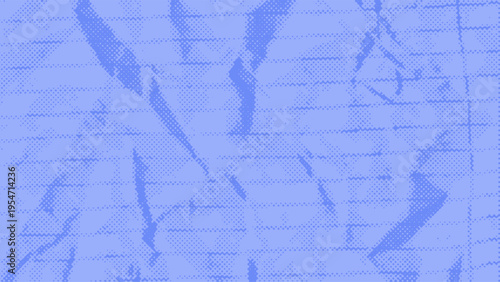 Blue crumpled paper halftone texture with grid lines. Abstract wrinkled dotted surface, folds and geometric structure. Vector modern graphic background for posters, branding and editorial layouts.