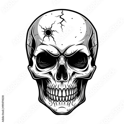 Cracked Human Skull with Bullet Hole