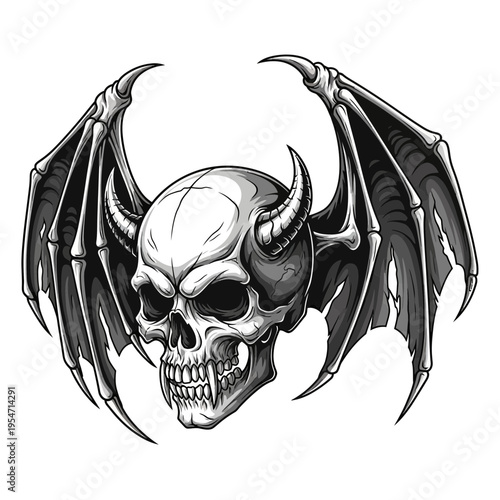 Demonic Skull with Bat Wings and Horns