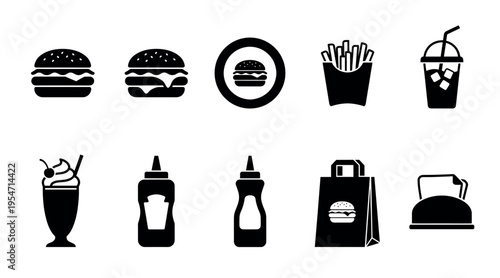 A collection of black vector icons representing various fast food items like burgers, french fries, drinks, sauces, and a takeout bag on a white background.