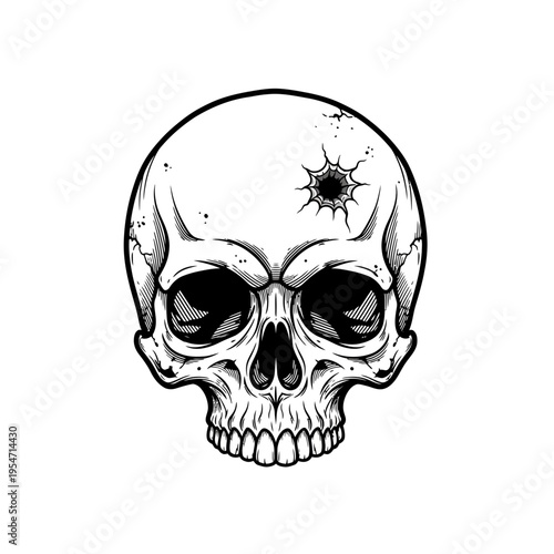 Human skull with bullet hole, black and white illustration