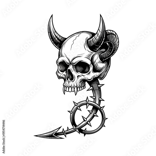 Horror Skull with Horns and Spiked Tail