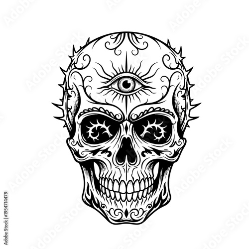 Ornate Skull Tattoo Art with Third Eye and Spikes