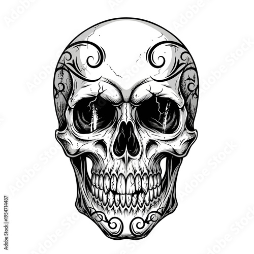 Ornate Skull with Swirls and Lightning