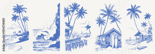 Coastal island huts vintage hand drawn crayon sketch. Line drawing set with palm trees, beach paths, bar counter, cliffs and waves. Graphic retro summer travel illustrations.