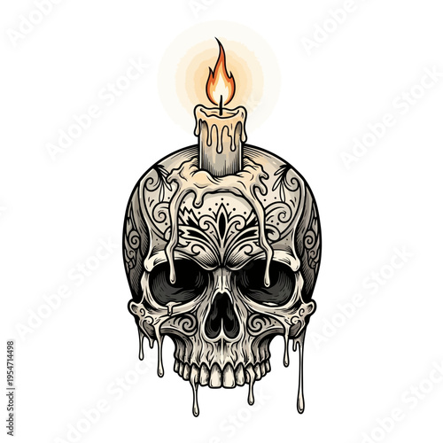 Ornate Sugar Skull with Melting Candle on Top, Day of the Dead Art