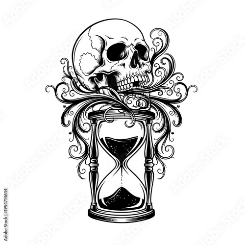 Skull and hourglass with ornate flourishes, symbol of time passing and mortality