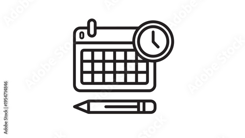 Calendar icon with clock and pencil, representing time management and planning for appointments and tasks.