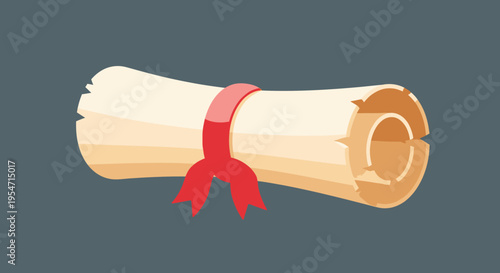 Vintage Rolled Parchment Scroll with Red Ribbon Bow - Antique Paper Diploma Illustration